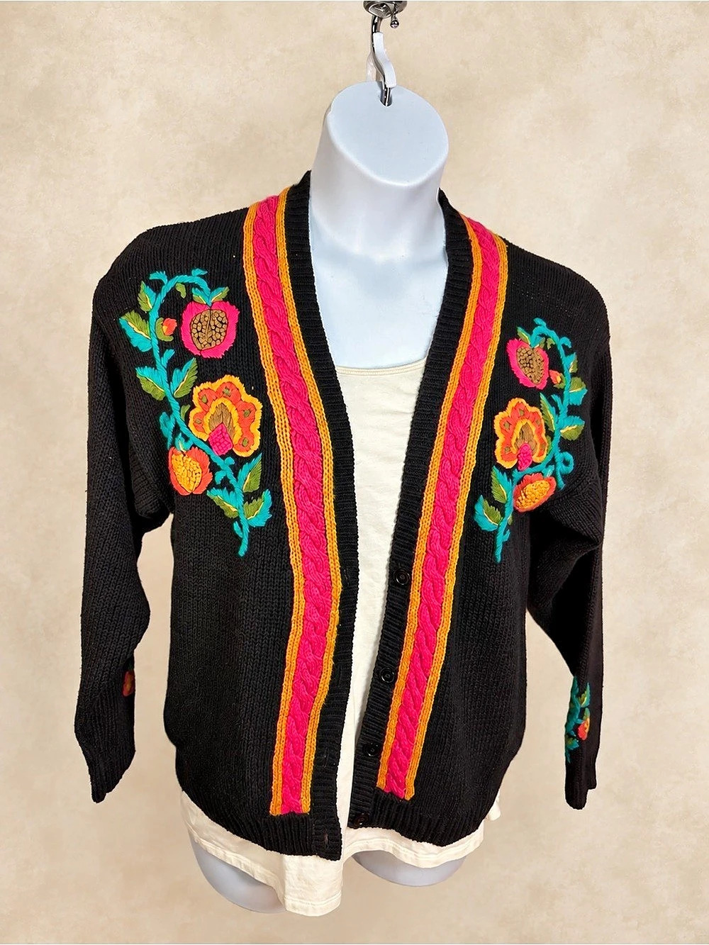 Christina Black Floral Embroidered Button Cardigan Size M